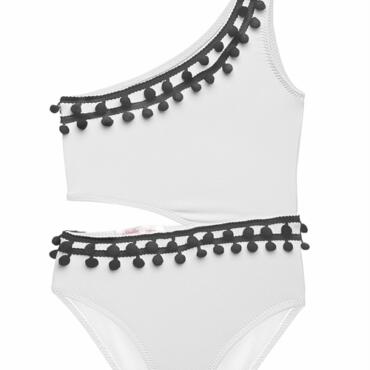 White Side-Cut Swimsuit with Black Pom Poms