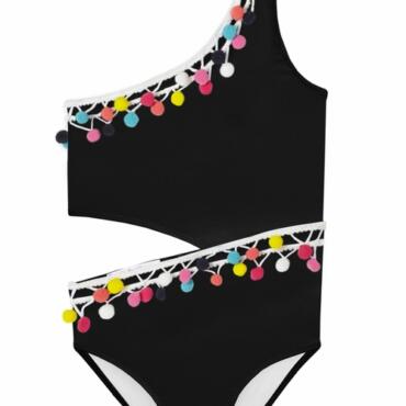 Black Side Cut Swimsuit with Multicolor Pom Poms