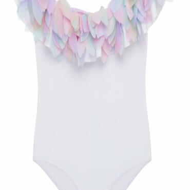 White Drape Swimsuit with Rainbow Petals