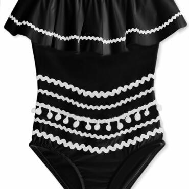 Black Drape Swimsuit with White Pom Poms for GIrls