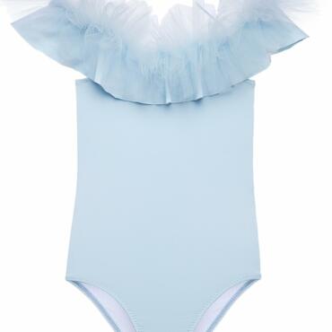 Blue Draped Swimsuit with Tulle