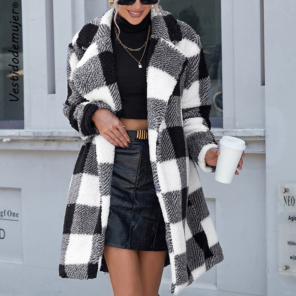 Casual Plaid Faux Long Coat Women Winter Jacket Female Fashion